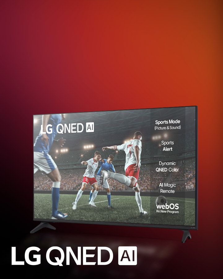 Televisor LG QNED sobre un fondo oscuro y colorido. En la pantalla, una obra de arte brillante y colorida muestra la tecnología de color de QNED y su capacidad para mostrar una amplia gama de tonos con gran contraste. Se ve el logotipo de LG QNED AI. El título dice: "Cada color redefinido con el color dinámico de QNED".